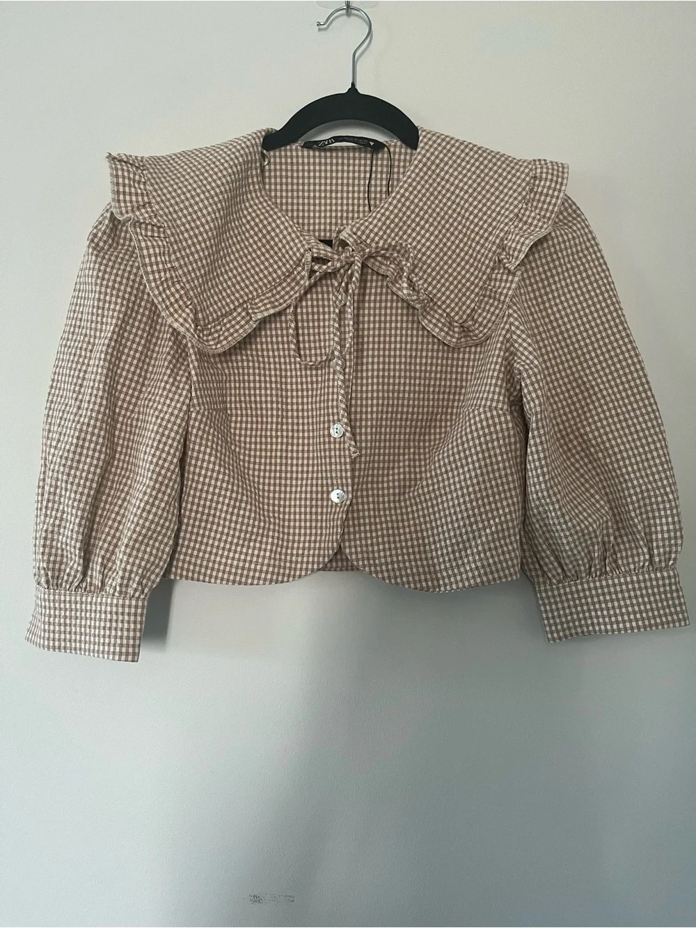 Zara Tan White Gingham Collared Puff Sleeve Top XS Cottagecore Western Farm